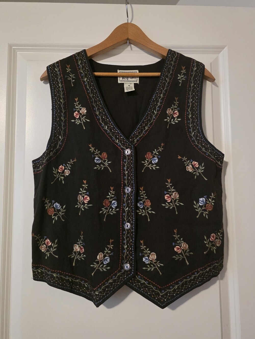 Vintage 90s Embroidered Cotton Vest Womens M Tantrums Cottsge Core Western Chic